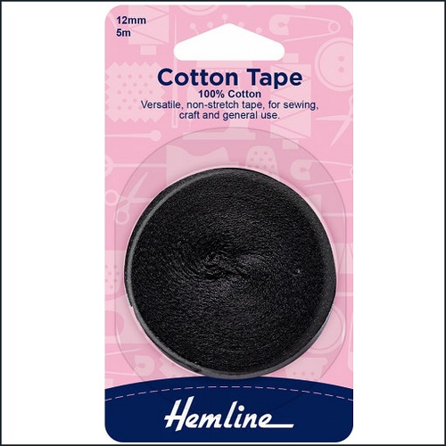 100% Cotton Tape, black or white, 12mm x 5metres 