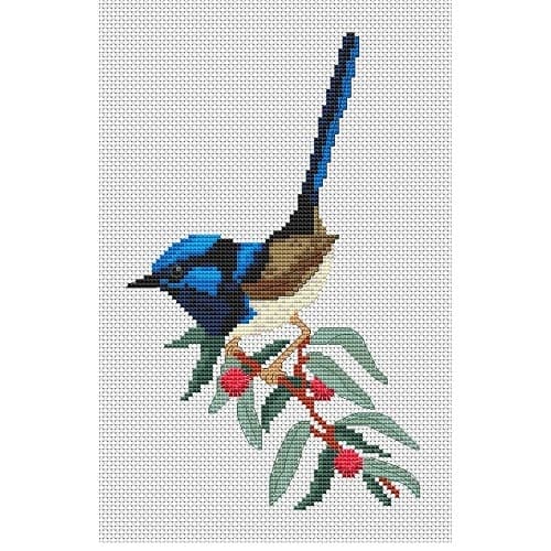Superb Blue Fairy Wren cross stitch chart by Maureen Maguire for Caronie.