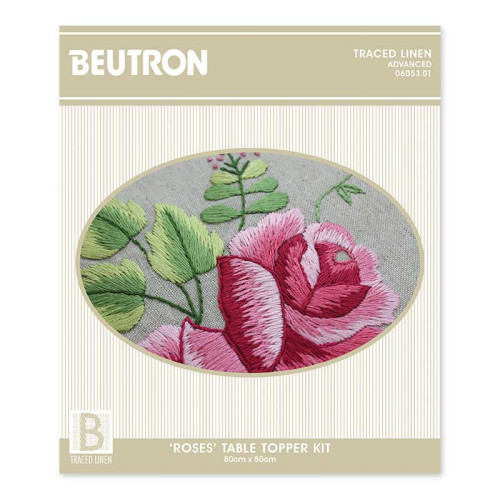 Roses traced linen table topper. A Beutron embroidery kit 